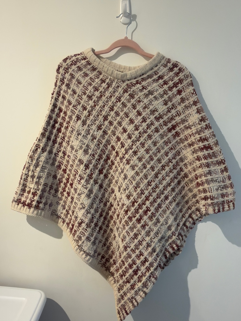 Simply Noelle Cream and Burgundy Knit Poncho - Picture 2 of 4